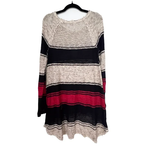 Free People Oversized Sweater Sz S Tan Red Striped Open Knit Crochet Boho Grunge - Picture 2 of 8